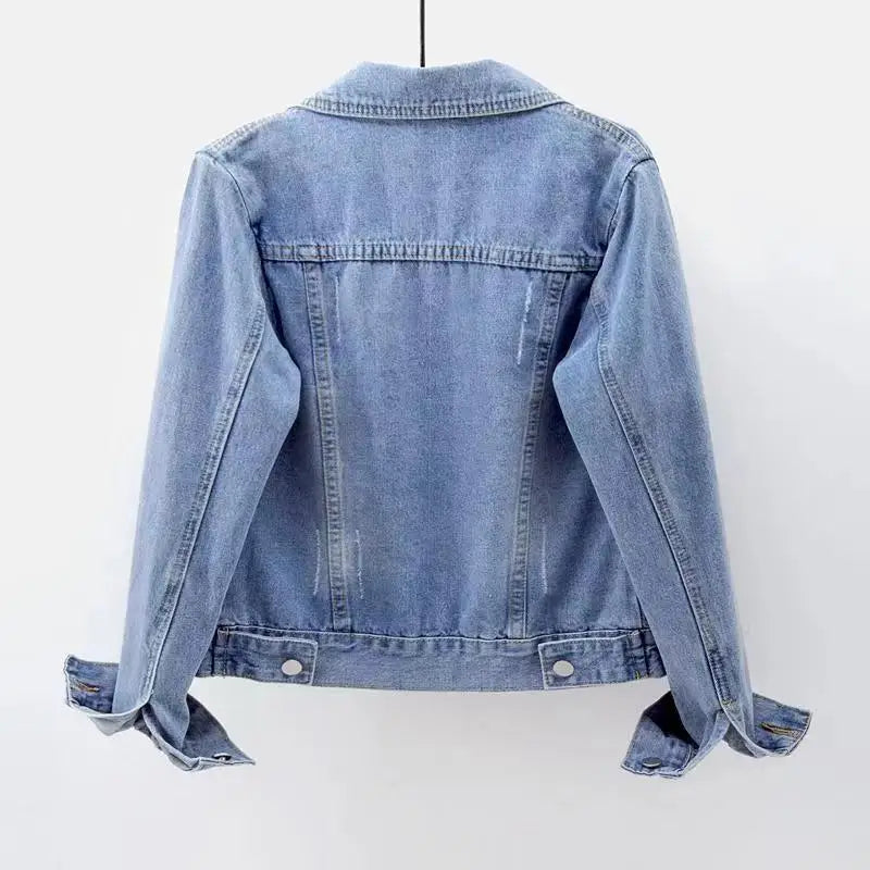 Women Spring Denim Jacket Short Slim Fit Washed Single Button Long Sleeve