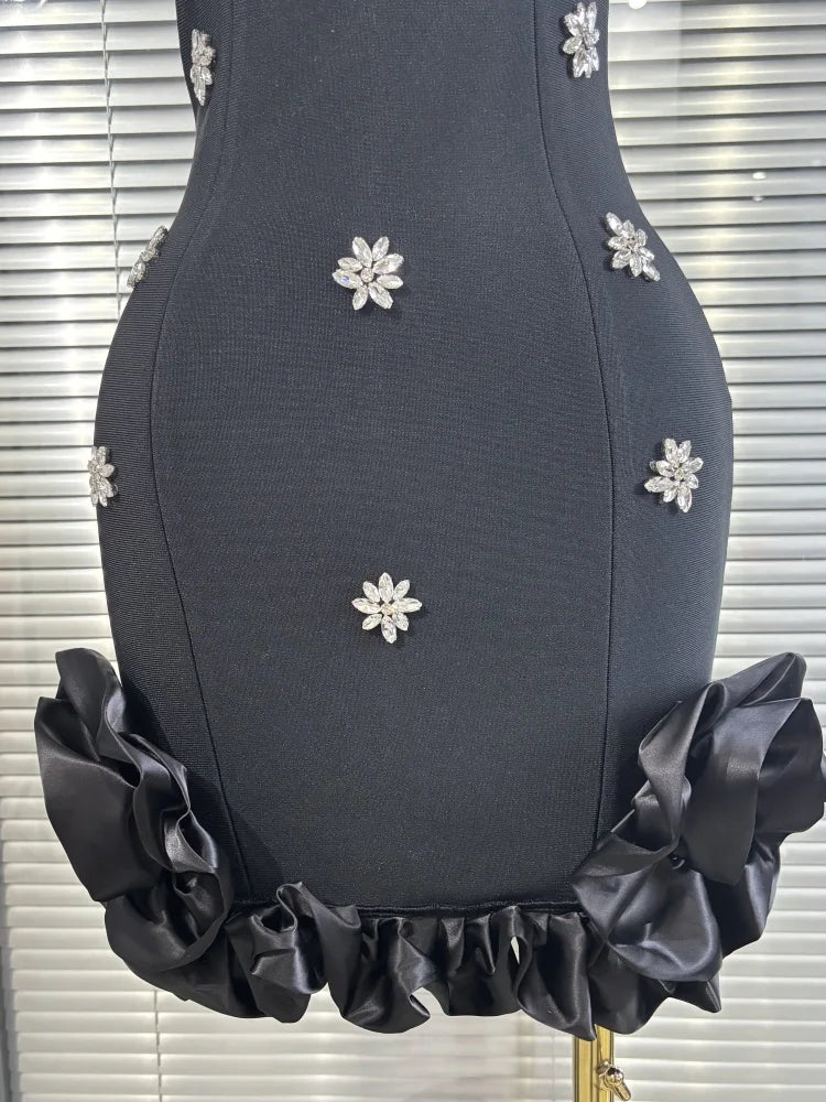Hot Sale Women Sleeveless Sexy Shinning Rhinestones Ruffles Bodycon Mini Bandage Dress Celebrate Nightlcub Party Outfit Vestido
