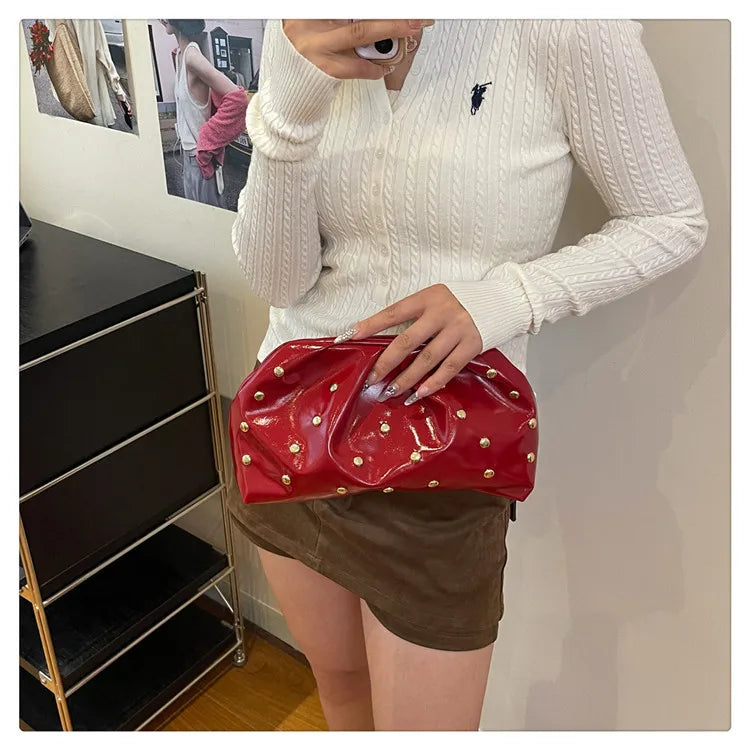 Simple Versatile Clip Evening Handbags for Women Solid Color Rivet Pleated Design Ladies Clutch Female Soft Pu Leather Purse