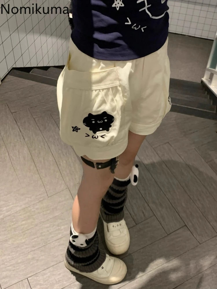 Cute Japanese Shorts for Women Cartoon Embroidery Pockets Black Shorts 2025 New Tottoms Casual Chic Pantalones Cortos De Mujer
