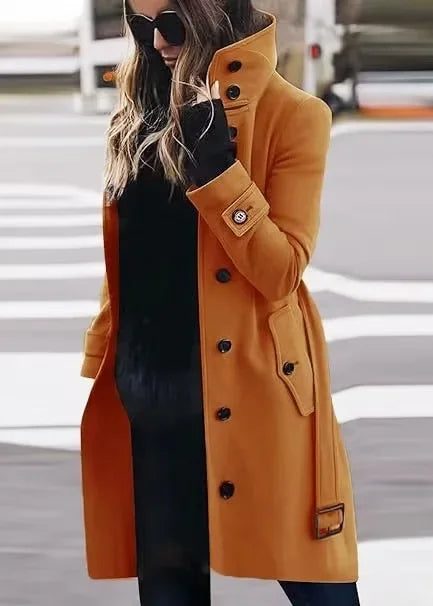 Women Autumn Winter  Wool Coat Blends Overcoat Solid Color Button Turtleneck Long Sleeve Casual Fashion  Winter Coat Regular