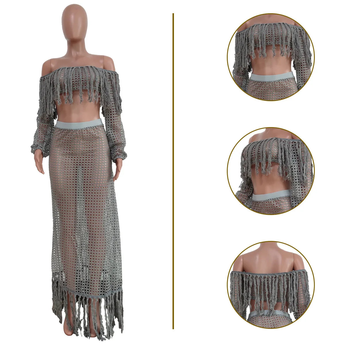 Skirt 2 Piece Set Women Beach Long Skirts Suit Top Off Shoulder Tassels Sexy Hollow Out Ensemble 2025 Summer Female Outfits