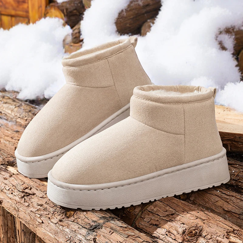 Faux Suede Thick Bottom Snow Boots Women 2025 Trend Warm Thicken Plush Cotton Shoes Woman Slip On Non Slip Winter Ankle Boots