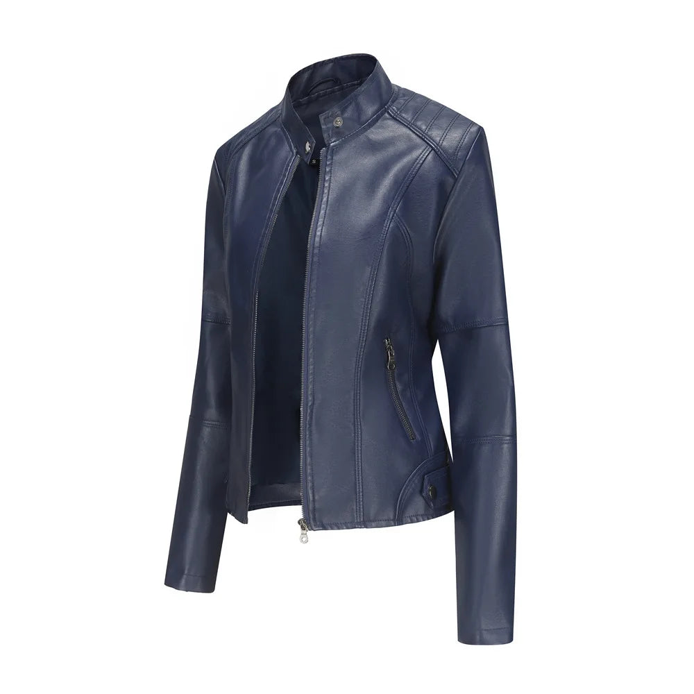 Women's Leather Jacket Women's Slim-Fit Jacket Thin Autumn Jacket Women's Biker Jacket Large Size Standing Collar Leather Jacket