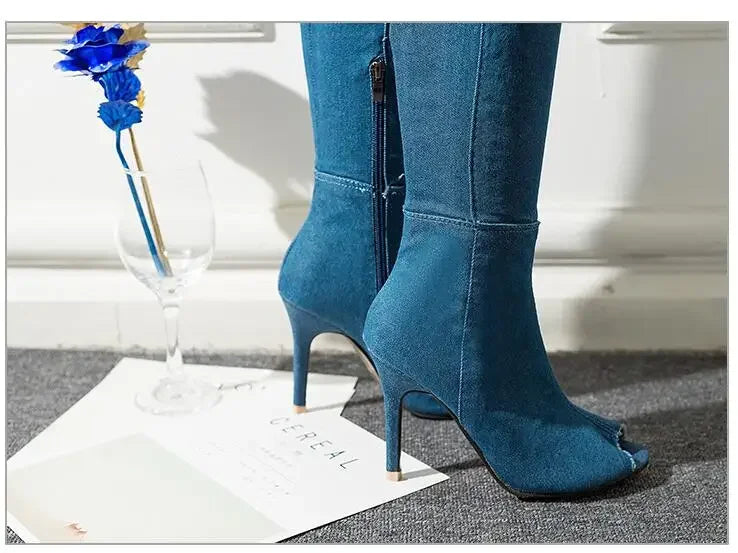 Summer Autumn Thigh High Boots Women Fashion Peep Toe Over The Knee Boots Blue Denim Jeans Zipper Long Boots Shoes Ladies