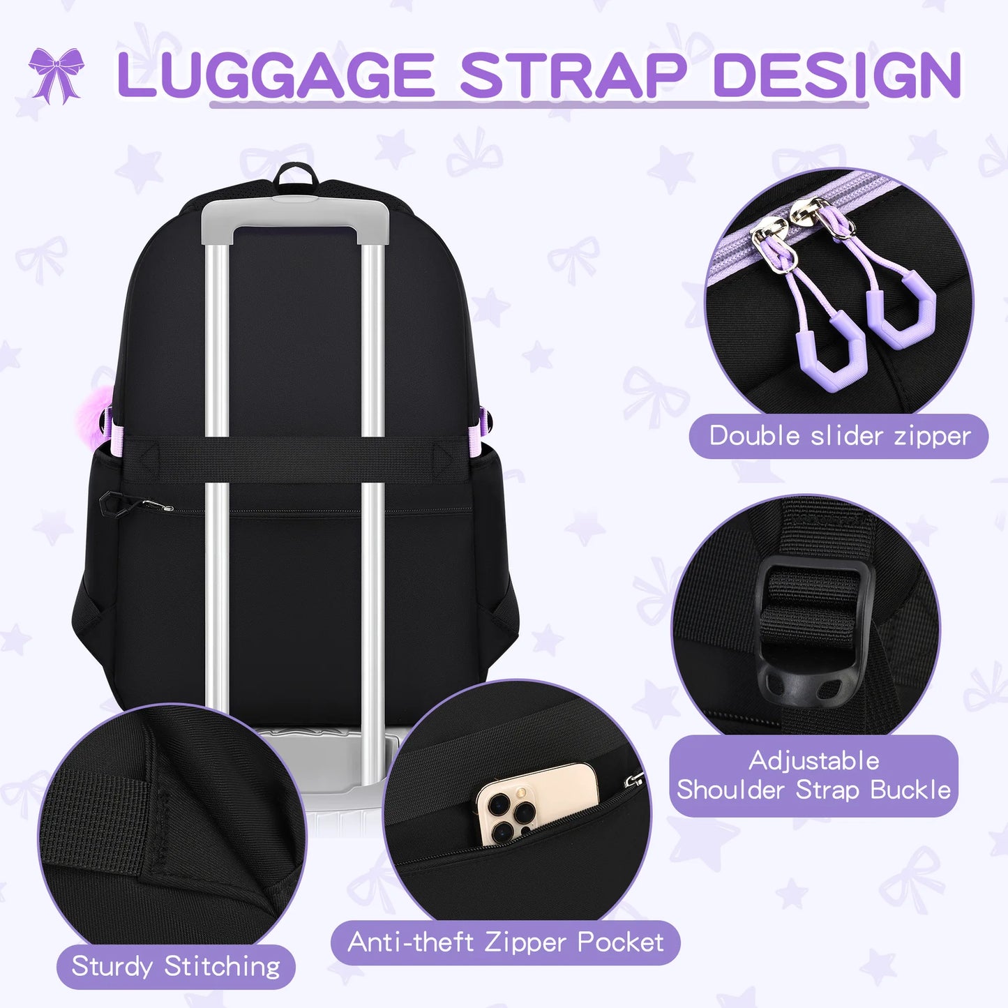 Three-piece Purple School Bag Set Casual with Pen Bag Students Schoolbag Durable with Lunch Bag Large Capacity bow Backpack book