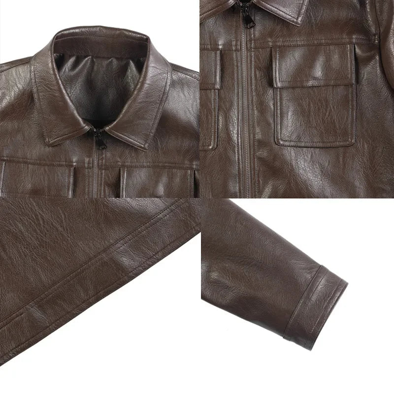 Autumn Winter High Quality Faux Leather Jacket Fashion Multi Pocket Design PU Leather Coats Man Vintage Business Slim Fit Coats