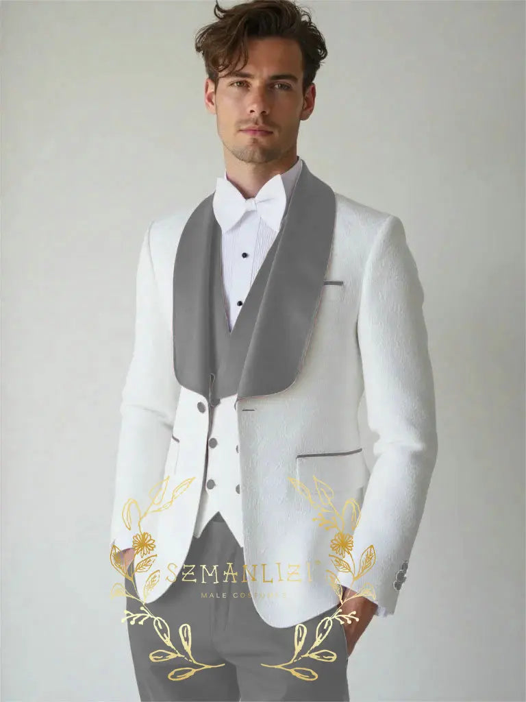White Floral Wedding Men's 3-piece Suit Set (Jacket Pants Vest) Groom Tuxedo Formal Blazer Elegant Groomsmen Suit for Men