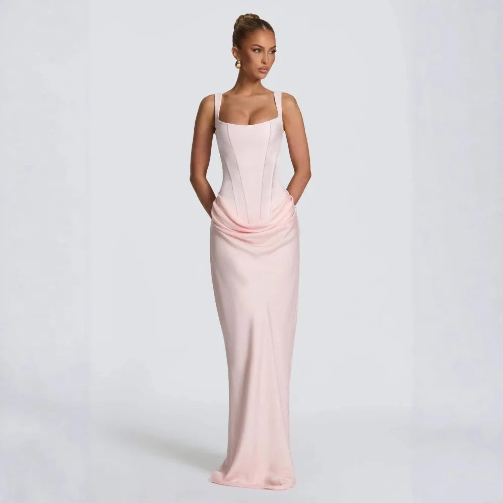 Ladies' formal square neck sleeveless waist cinching design with pleated fish tail long skirt for dinner party slimming dress