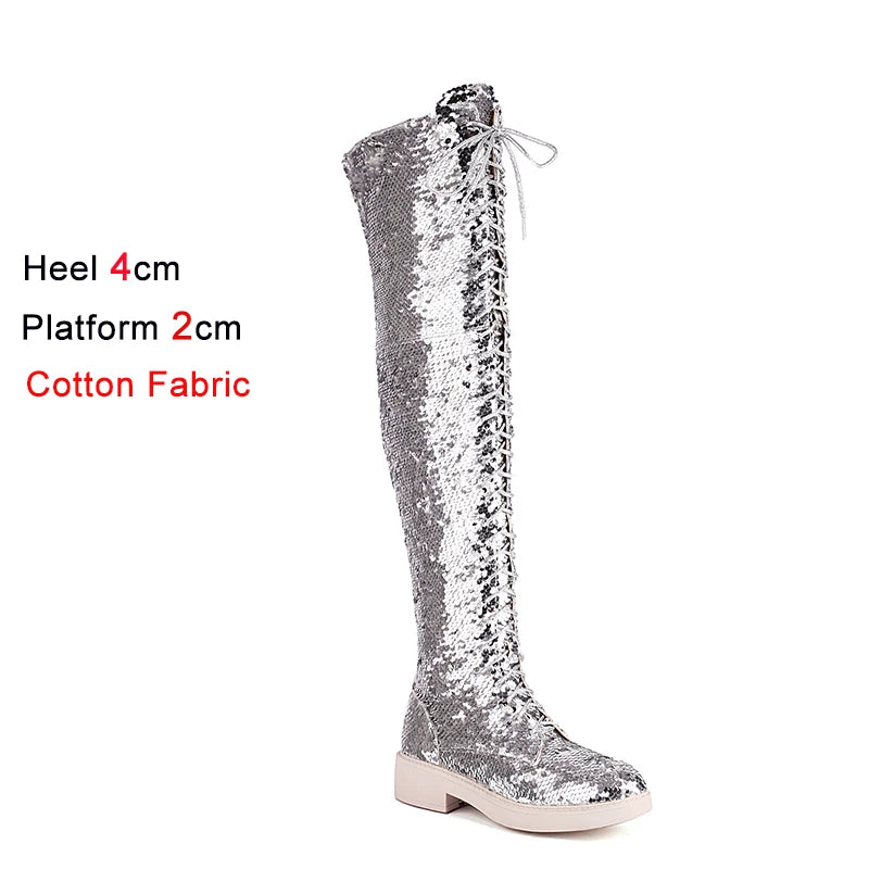 Lowheel Boots For Women Autumn Winter Thick Heels Over-knee-high Boots Shiny Sequined Club Dance Shoes Lace Up Thigh High Boots
