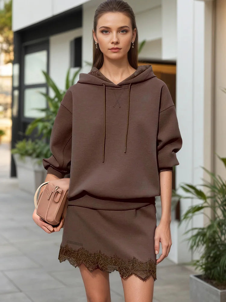 Streamgirl Brown Hoodies With Lace Women Oversize Plain Spring Elegant Butter Yellow Hooded Sweatshirts For Women Oversized