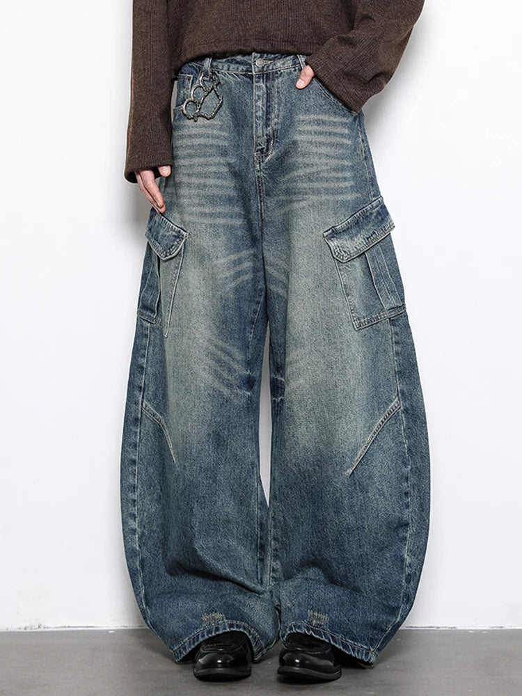 Autumn Men's Hip Hop Fashion Pockets Baggy Jeans High Street Vintage Straight-Leg Denim Pantalones Harajuku Y2K Blue Cargo Jean