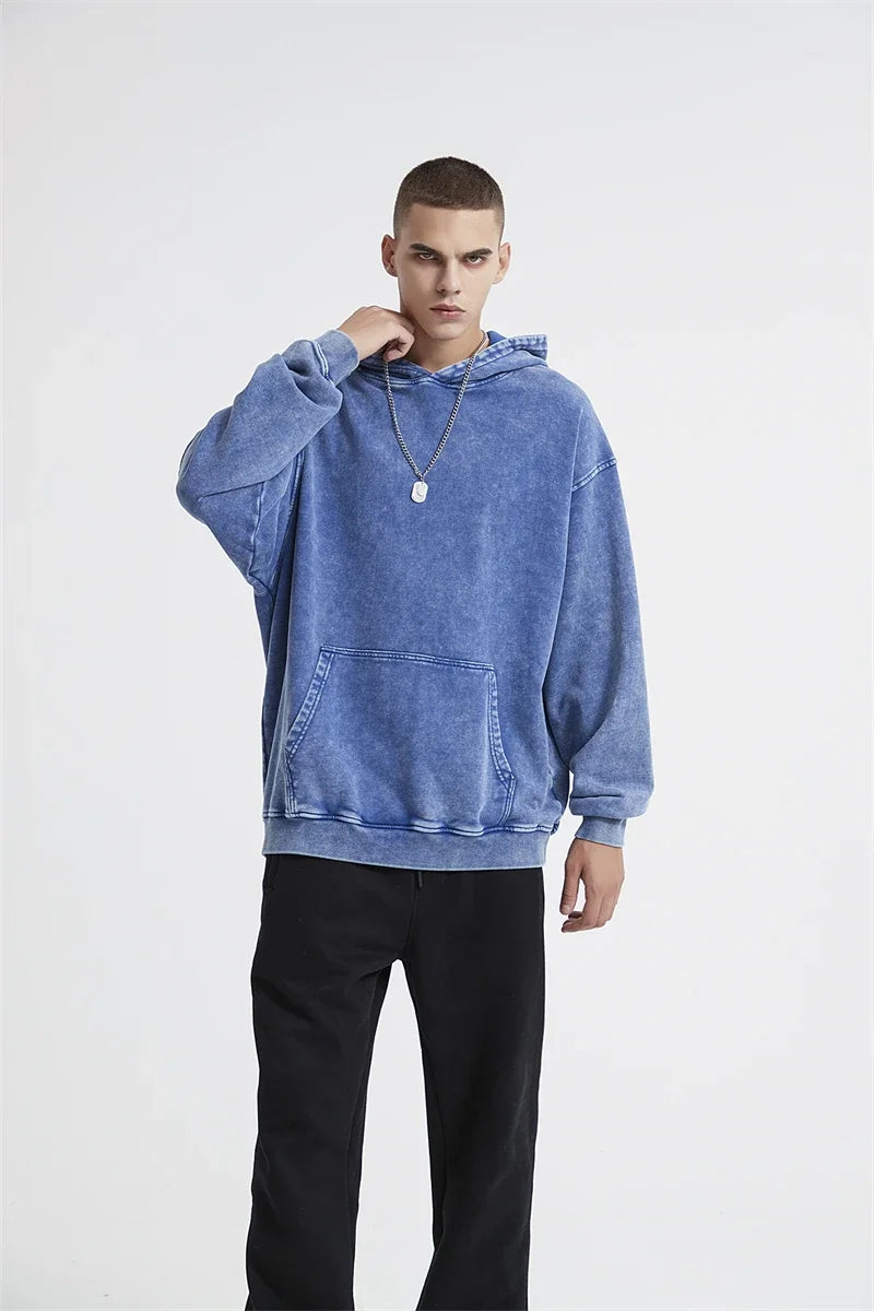 2024 Autumn Winter Men 420gsm Hoodies Streetwears High Street Heavy Weight Washed Cotton Sweatshirts Brand Tracksuit