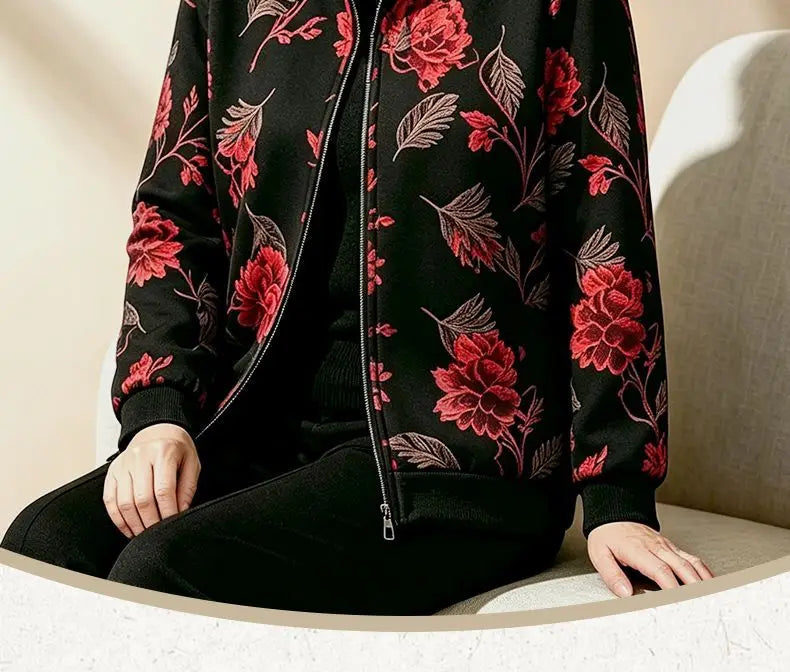 Womens Mom Floral Print Zip Up Jacket Lapel Collar Casual Loose Outerwear For Middle Aged Ladies