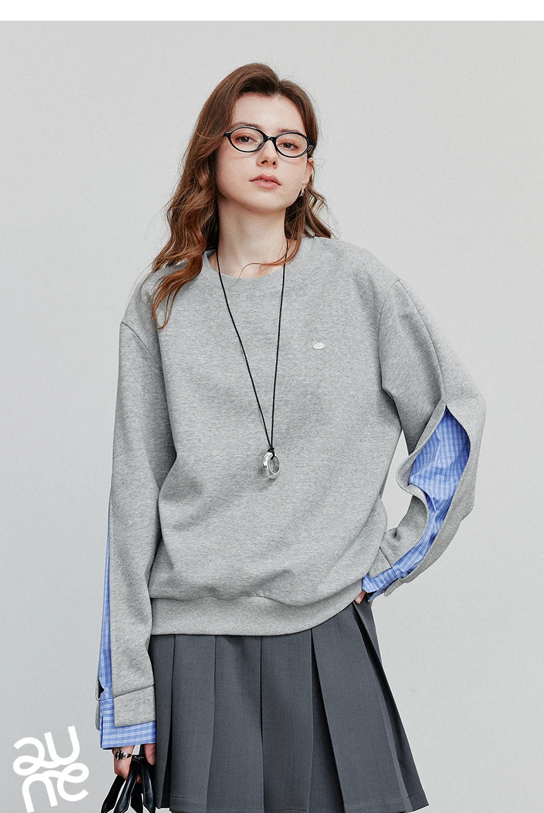 TOYOUTH Women Hoodies Sweatshirt 2025 Autumn New Patchwork Design Round Neck Long Sleeve Pullover Casual Tops
