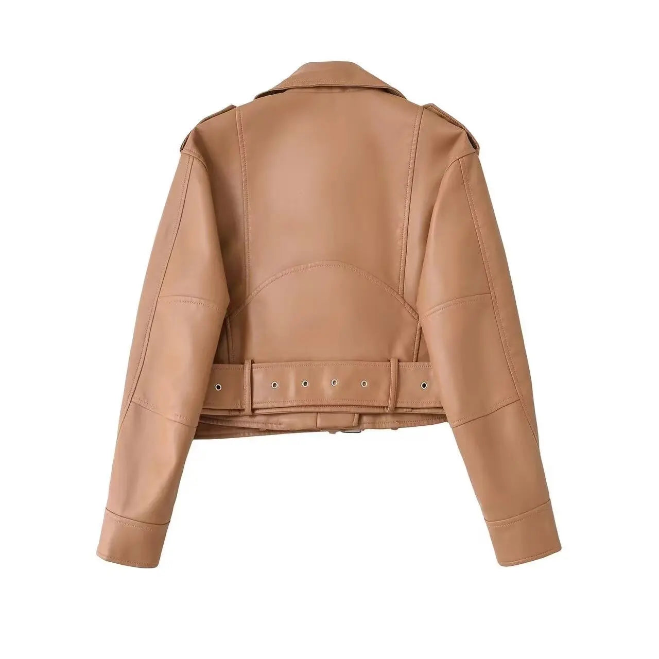 Women Autumn Winter Loose Gray PU Faux Leather Short Jackets Belt Female High Street Zipper Retro Moto Biker Coats Outwear XS-XL