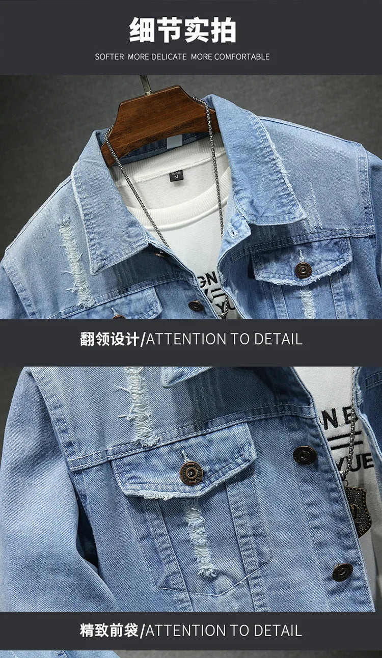 QICHE New Spring Autumn Men Light Blue Slim Denim Jacket Distressed Ripped Casual Outerwear
