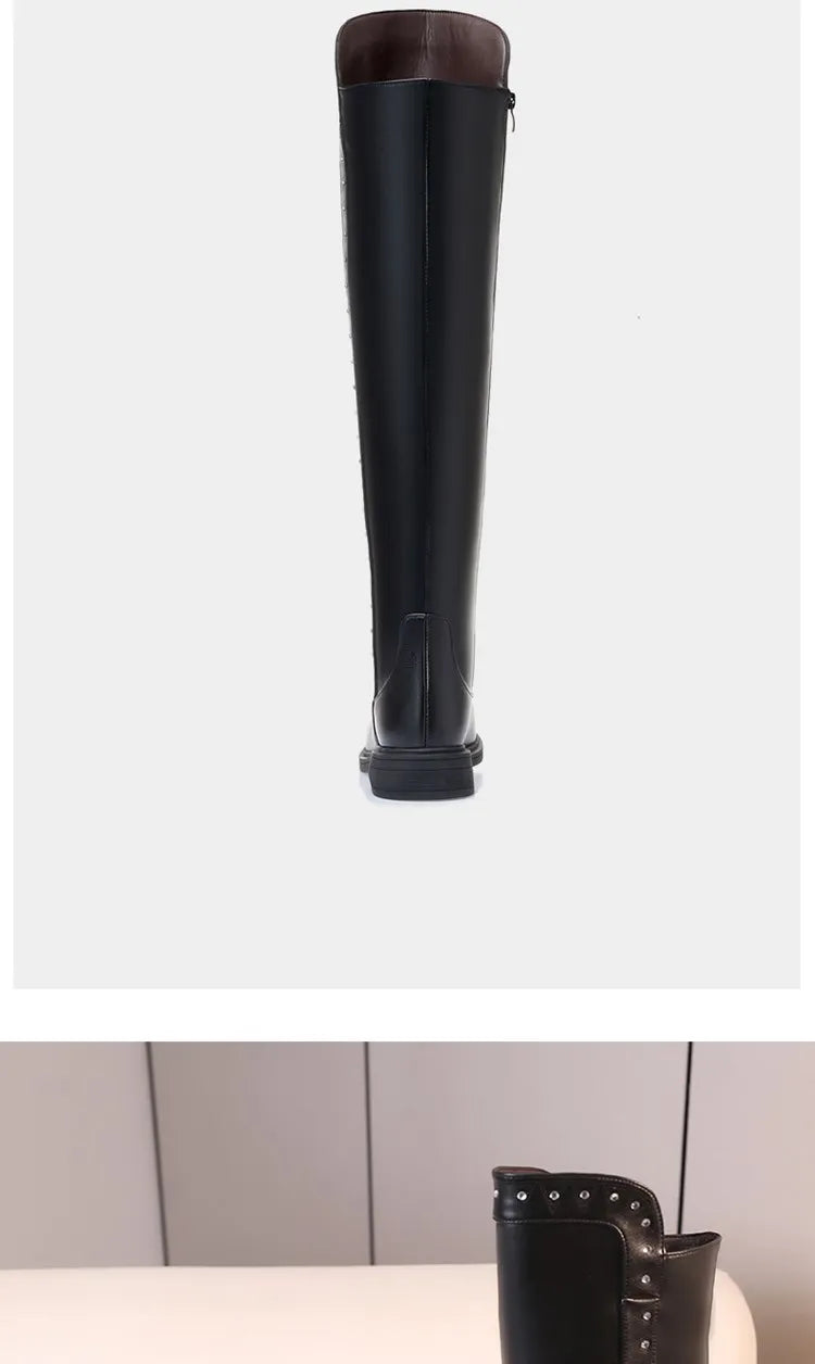 Women Over The Knee Boots Winter Natural Wool Warm Genuine Leather Ladies Knee Boots Large Size Non-slip Snow Boots Women