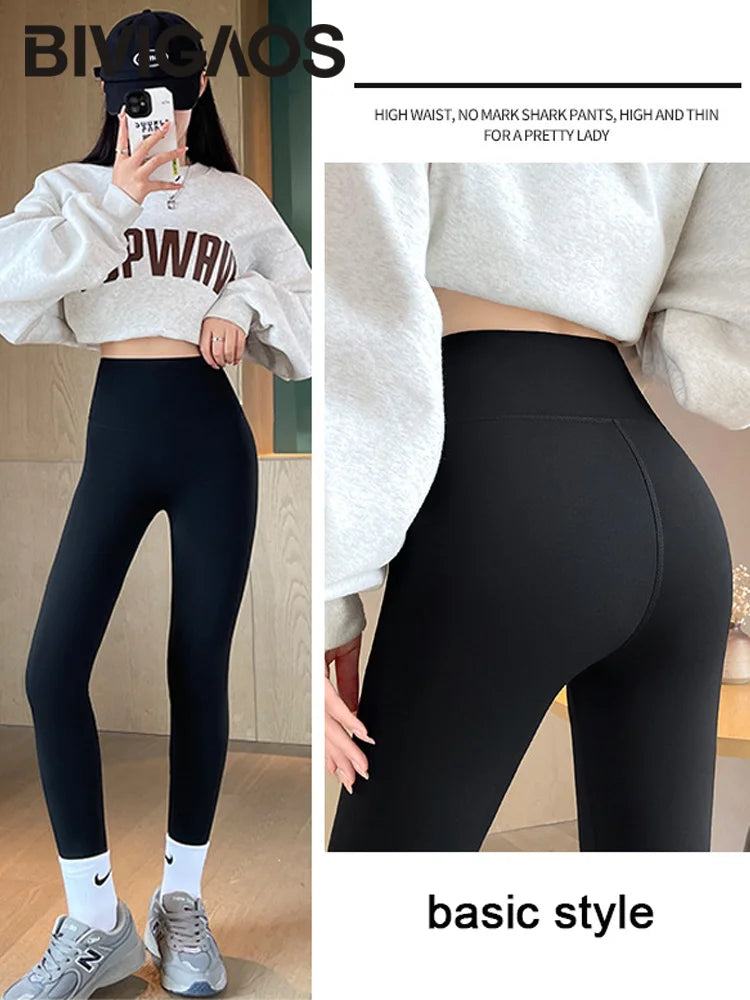 BIVIGAOS Seamless Basic Shark Leggings Women's Fall Winter Thin Fleece Sports Leggings Elastic Warm Fitness Yoga Leggings