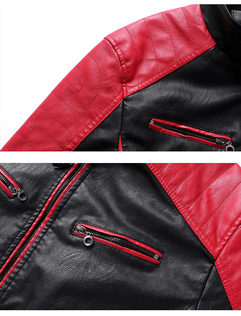 White and Red Patchwork Men's PU Jacket, Stylish Vintage Biker Faux Leather Coat, Available in Black or Brown.