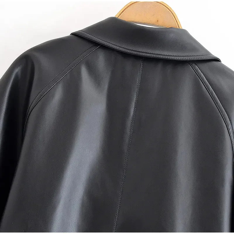 Black Belt Women's Leather Jacket Lapel Full Sleeve Zip-up Lace Up Waist Cinching Cropped Coats 2026 Autumn Street Lady Jackets