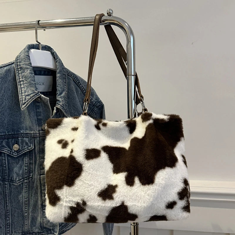 Cow Pattern Plush Shoulder Bag for Women Winter Fashion Purse Handbags Soft Warm Fur Female Casual Messenger Bags
