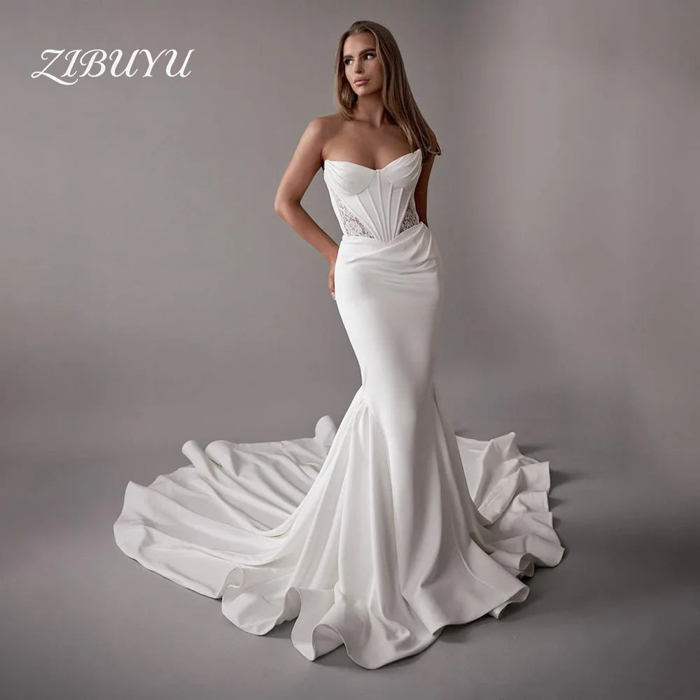ZIBUYU Customized Luxury Wedding Dress Strapless Sleeveless Satin Sweetheart Neckline Corset Bodice Lace Mermaid Bridal Gowns