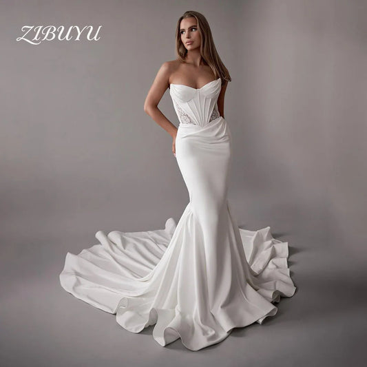 ZIBUYU Customized Luxury Wedding Dress Strapless Sleeveless Satin Sweetheart Neckline Corset Bodice Lace Mermaid Bridal Gowns