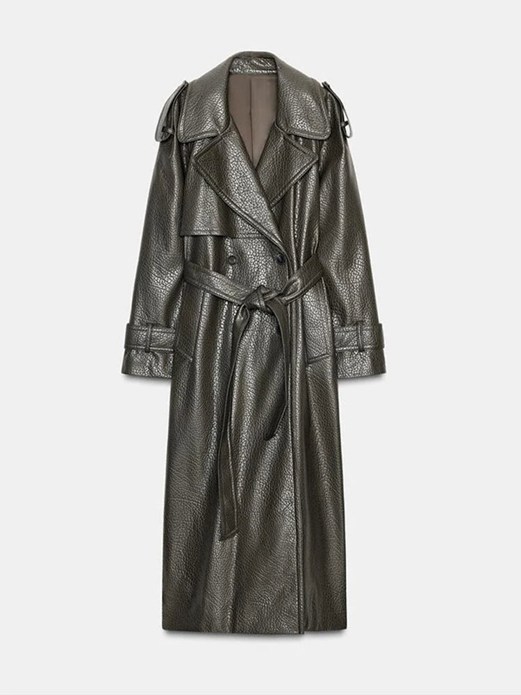 Double Breasted Lace up Long Leather Coat Woman Long Sleeves Loose Solid Color Casual Jackets Street Women's Early Autumn Coats