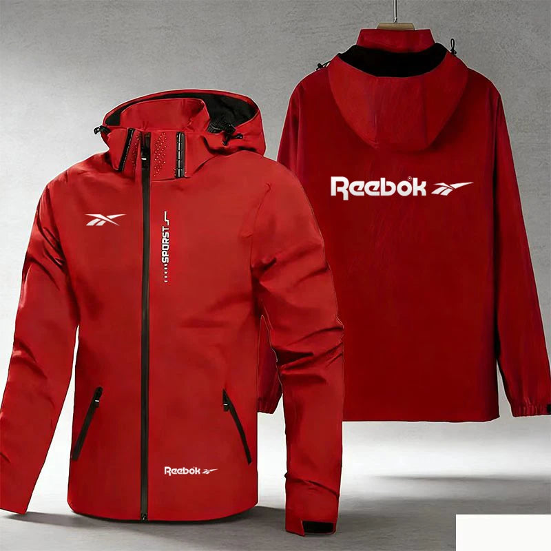 Reebok Logo Men's Waterproof and Windproof Jacket, Lightweight and Minimalist Outerwear, Hooded Outdoor Raincoat, Hiking and Mou
