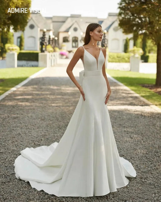 Newest Wedding Dress Mermaid  Satin For Bride  Deep V-Neck Neckline With Big Bow Sleeveless Custom Made Vestidos De Novias