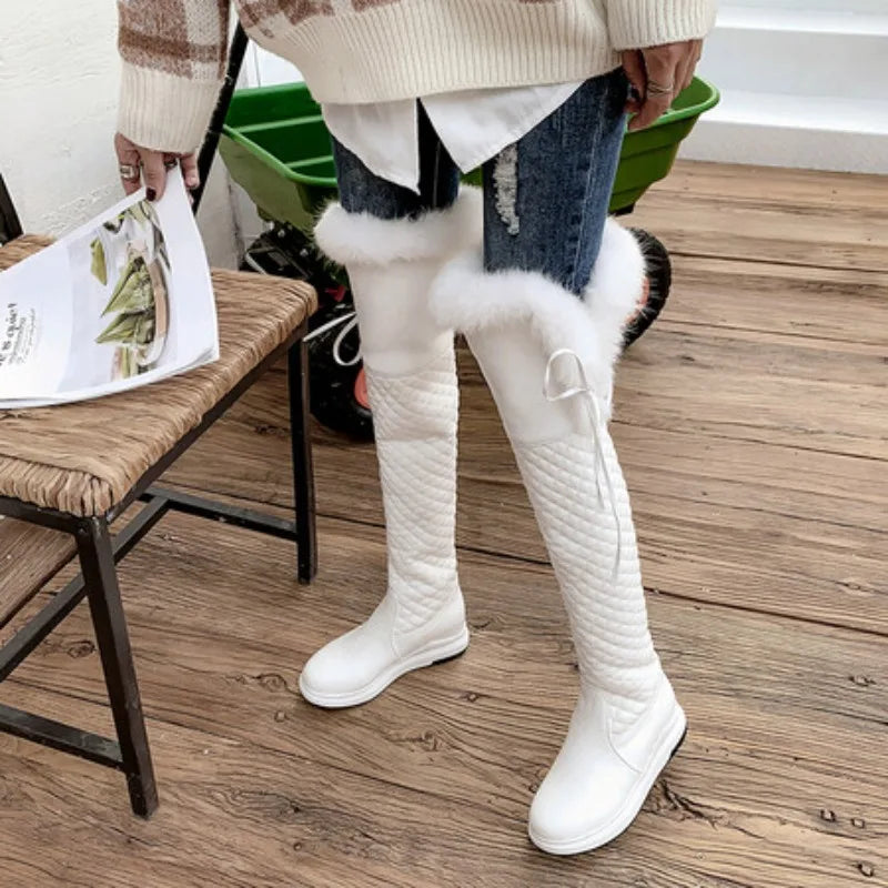 Women's Winter High Snow Boots Warm Fur Plush Black White Over the Knee High Boot Ladies Casual Wedge Heels Rain Shoe Waterproof