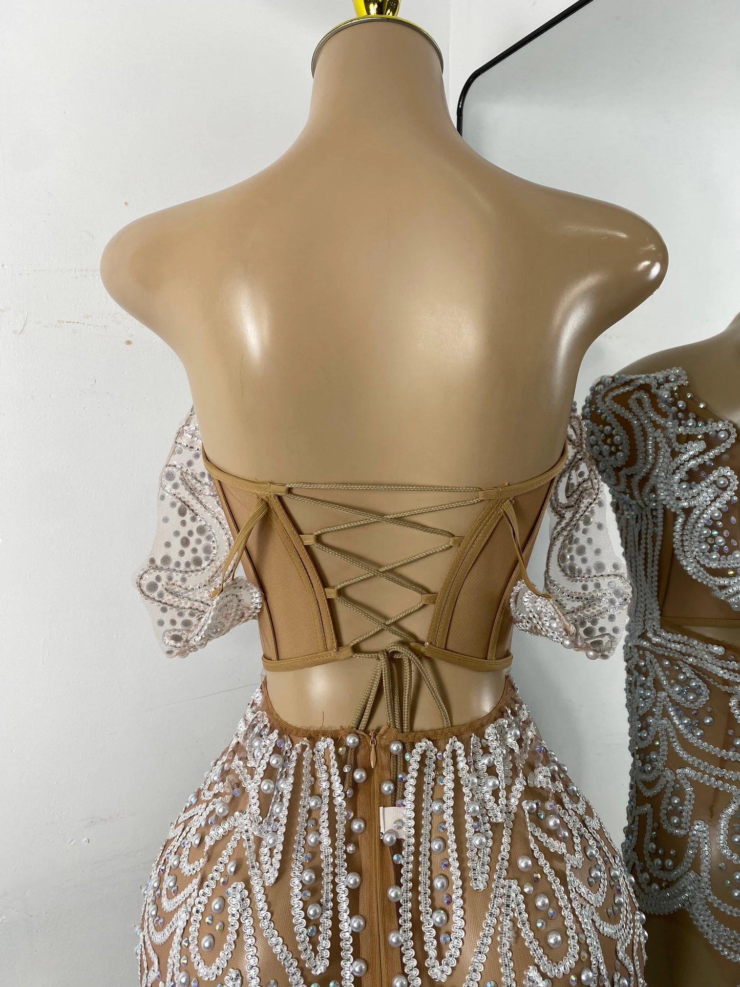 Luxury Pearls Sparkly Rhinestones Women Sexy Off Shoulder Mesh See Through Mini Bodycon Birthday Dress Party Performance Costume