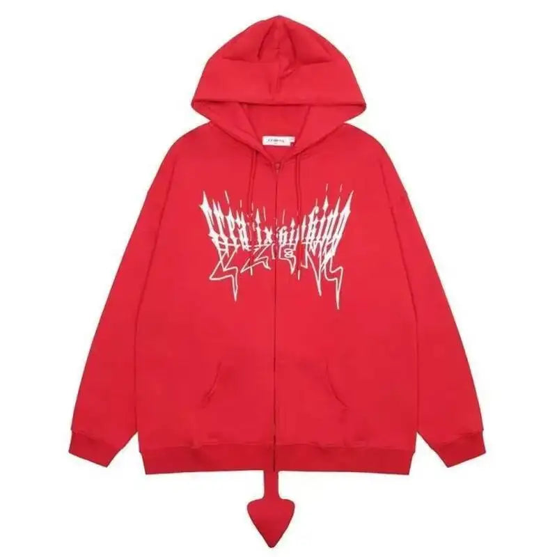 2025 Autumn Harajuku Hoodies Women Gothic Devil Horn Hooded Sweatshirt Halloween Cos Clothes Detachable Tail Zip-Up Outwear