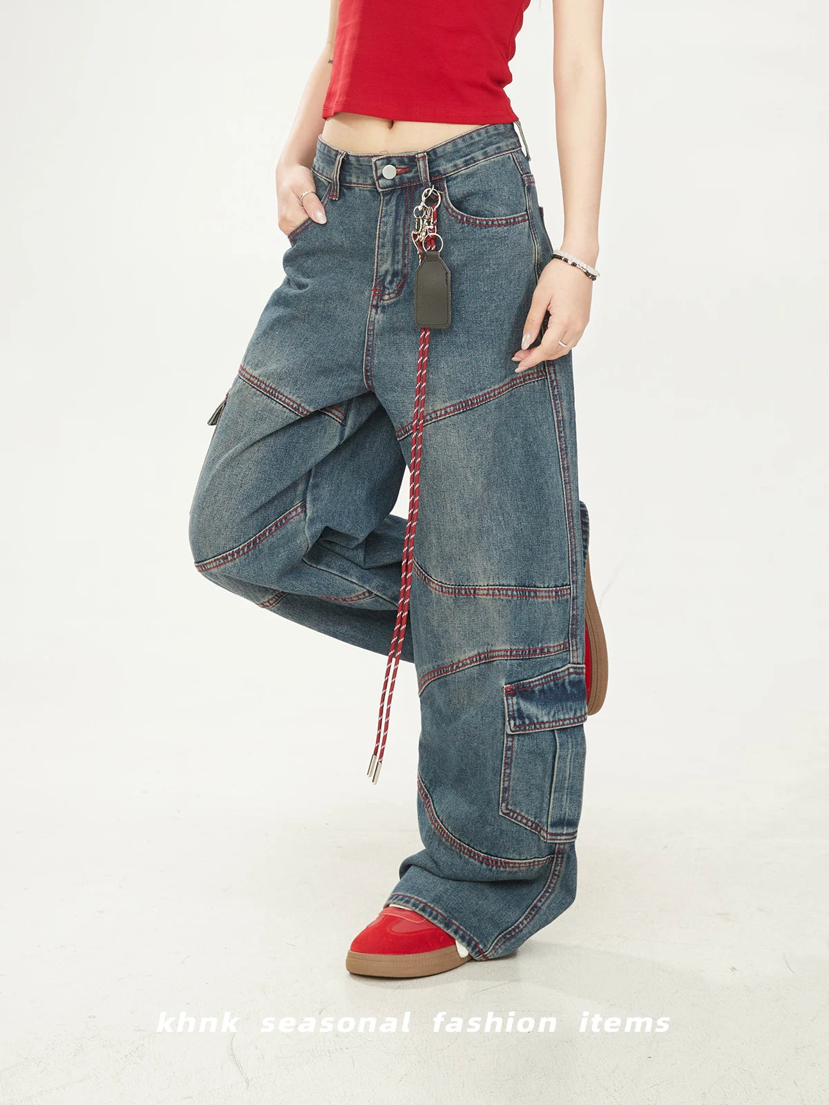 Washed Vintage American High Street Loose Women's Jeans with Patchwork And Stitching Design Casual Wide Leg Workwear Trousers