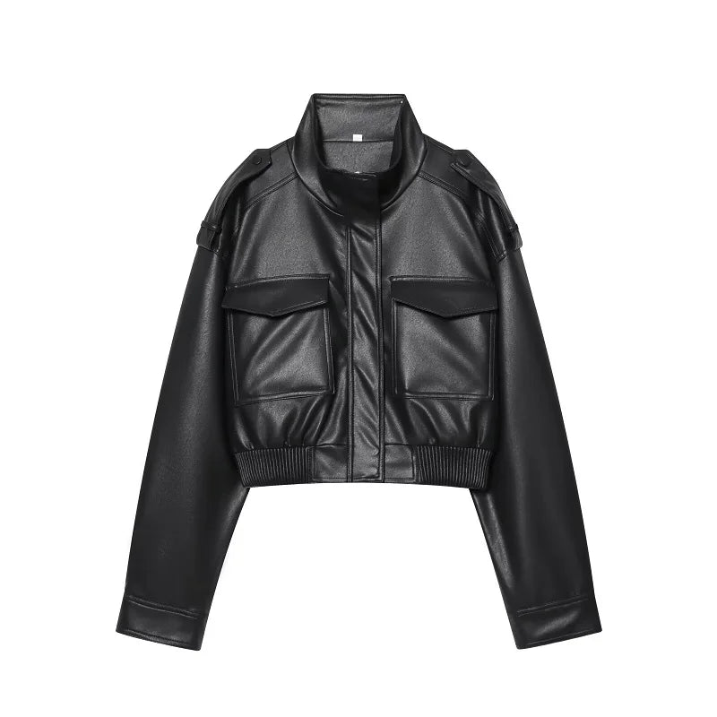 MUJER Faux Leather Cropped Jacket Women Bomber Demi-season Jackets for Women Long Sleeve Women's Coats Zip Overcoat Jacket Women