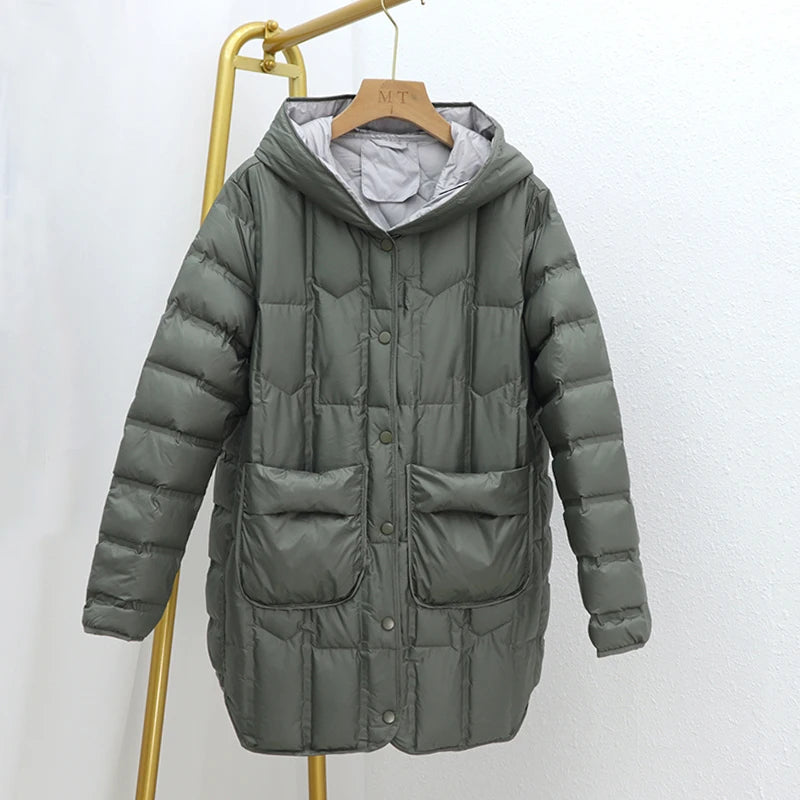 Autumn Winter Women Mid-Long Hooded Puffer Coat Ultra Light White Duck Down Jacket Female Single Breasted Parkas