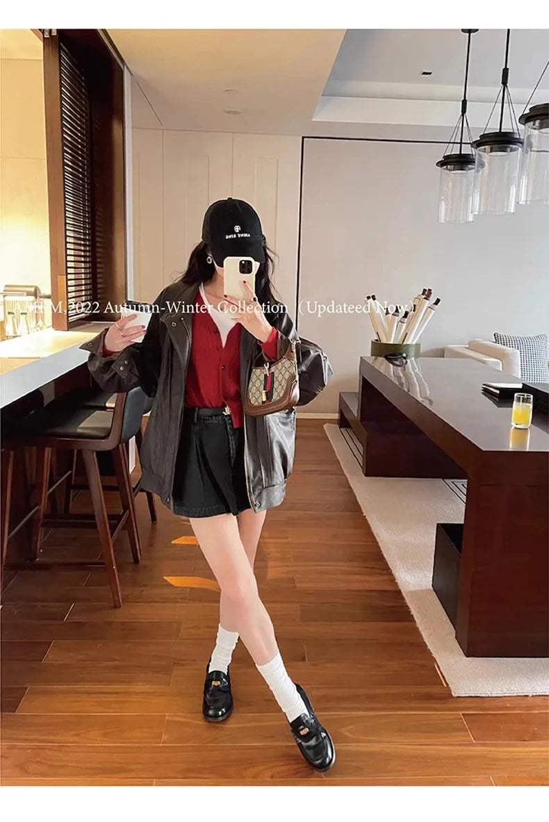 Lautaro Autumn Cool Brown Oversized Leather Jacket Women Drop Shoulder Long Sleeve Zippper High Quality American Retro Clothing