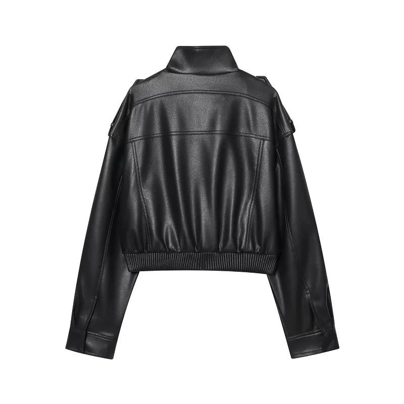 MUJER Faux Leather Cropped Jacket Women Bomber Demi-season Jackets for Women Long Sleeve Women's Coats Zip Overcoat Jacket Women