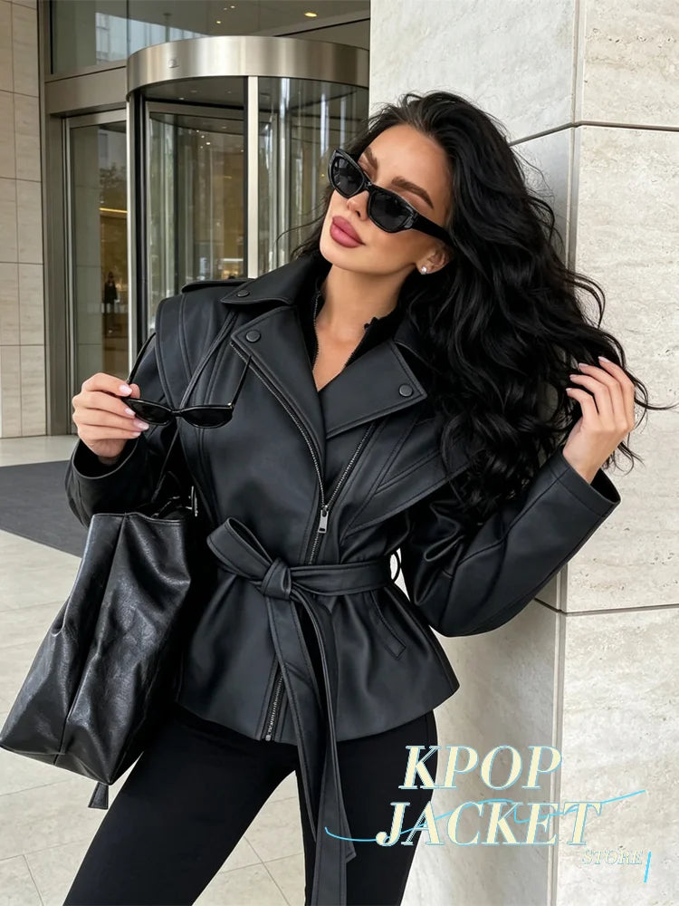 Women Black Lapel Collar Faux Pu Leather Jacket Fashion Full Zip Belted Waist-cinching Cropped Coat 2026 Autumn Daily Outerwear