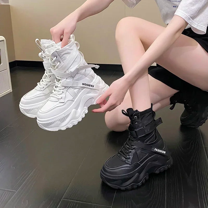 Fashion Platform Ankle Boots for Women Chunky Thick Sole Lace Up Motorcycle Boots Ladies Light Cozy Non-slip Shoe Botas De Mujer
