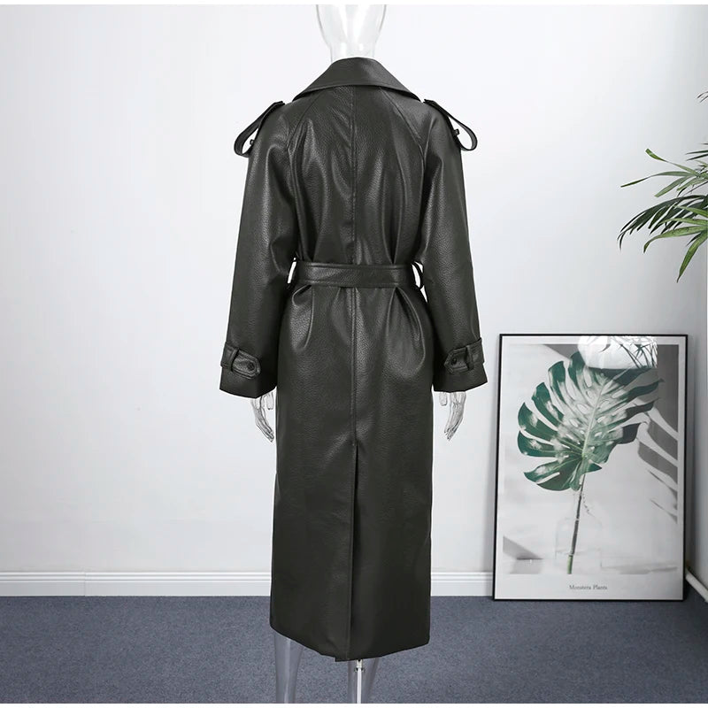 Double Breasted Lace up Long Leather Coat Woman Long Sleeves Loose Solid Color Casual Jackets Street Women's Early Autumn Coats