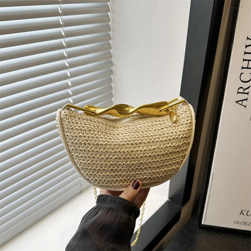 Luxury Metal Handle Clutch Bag Women Exquisite Handmade Rattan Woven crossbody Bag Half-moon Beach Bags Roomy Straw Tote Bag