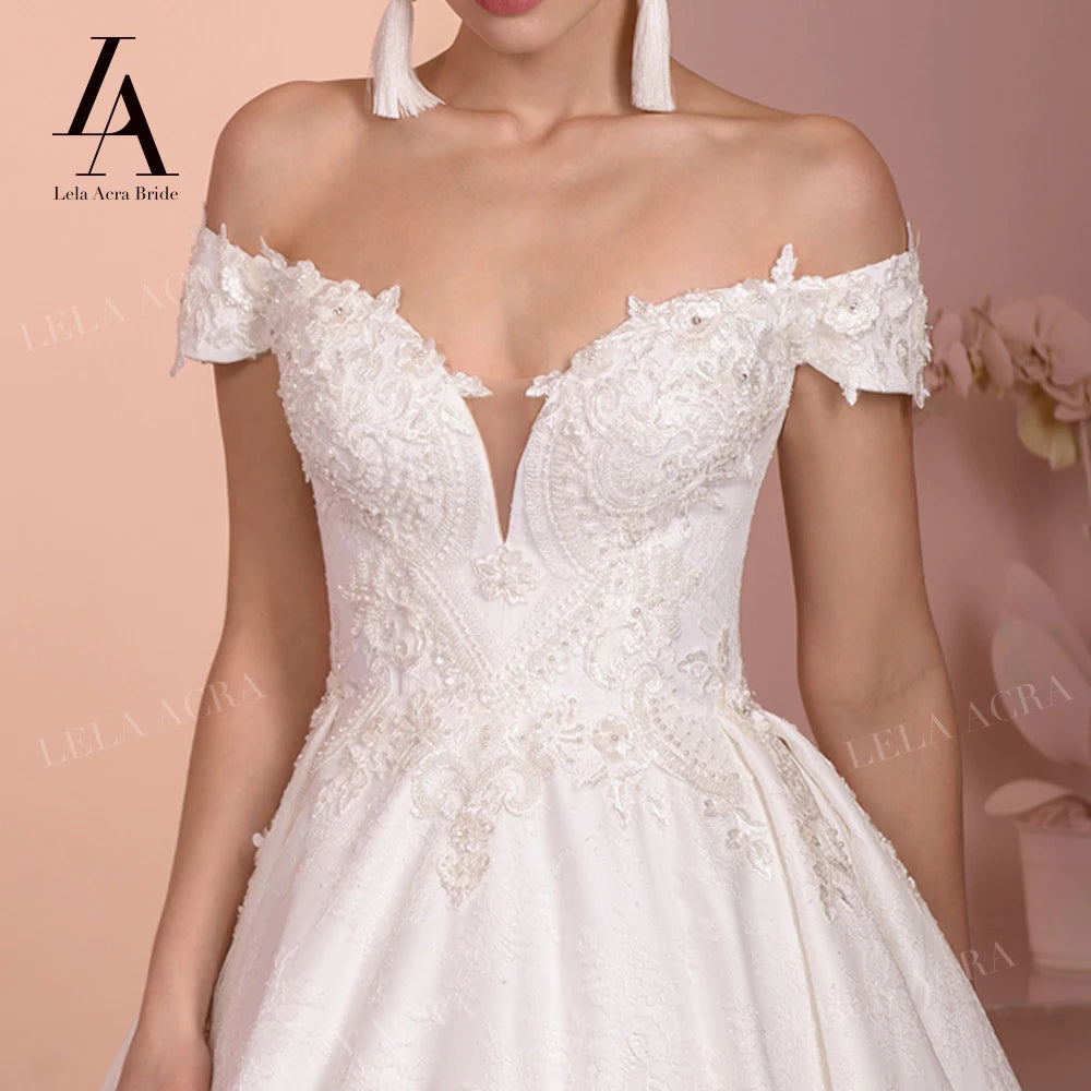 LelaAcra Luxury Sleeveless Wedding Dress Off Shoulder Beaded Appliques A-Line Princess Bride Gown SY04 Custom Vestido de Noiva