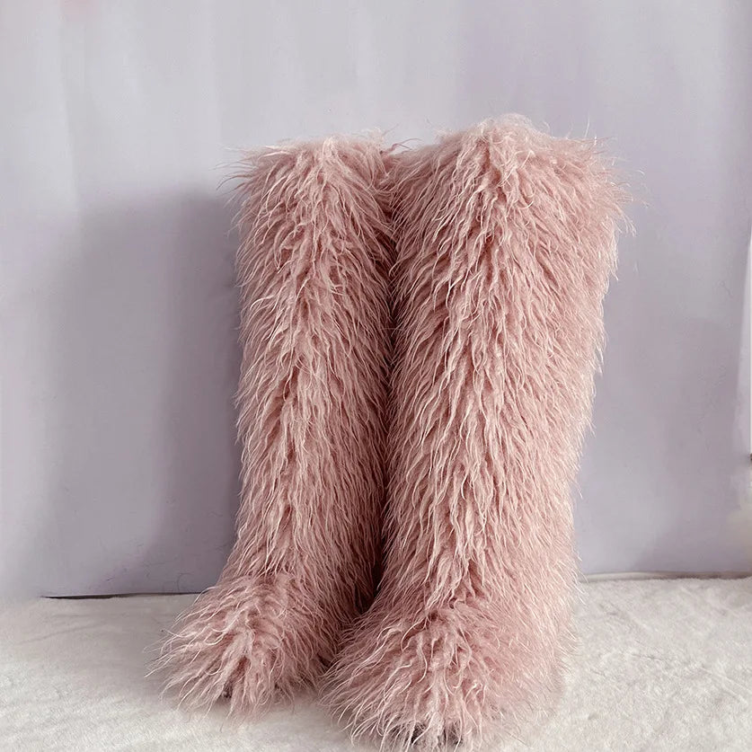 New Over The Knee Fur Boots Women Warm 72CM Long Faux Mongolian Fur Snow Boots Winter Luxury Fluffy Shoes Plush Platform Shoes