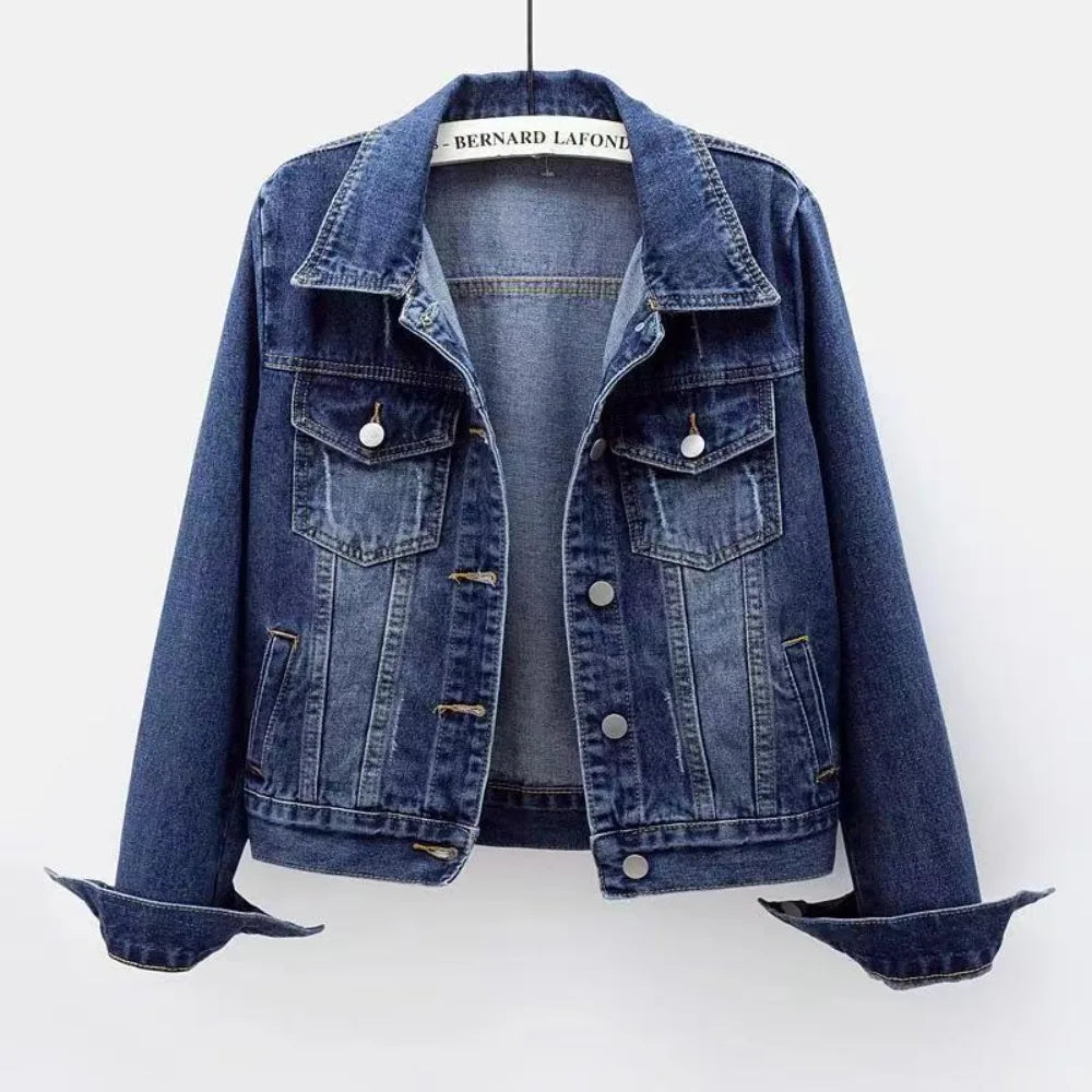 Women Spring Denim Jacket Short Slim Fit Washed Single Button Long Sleeve