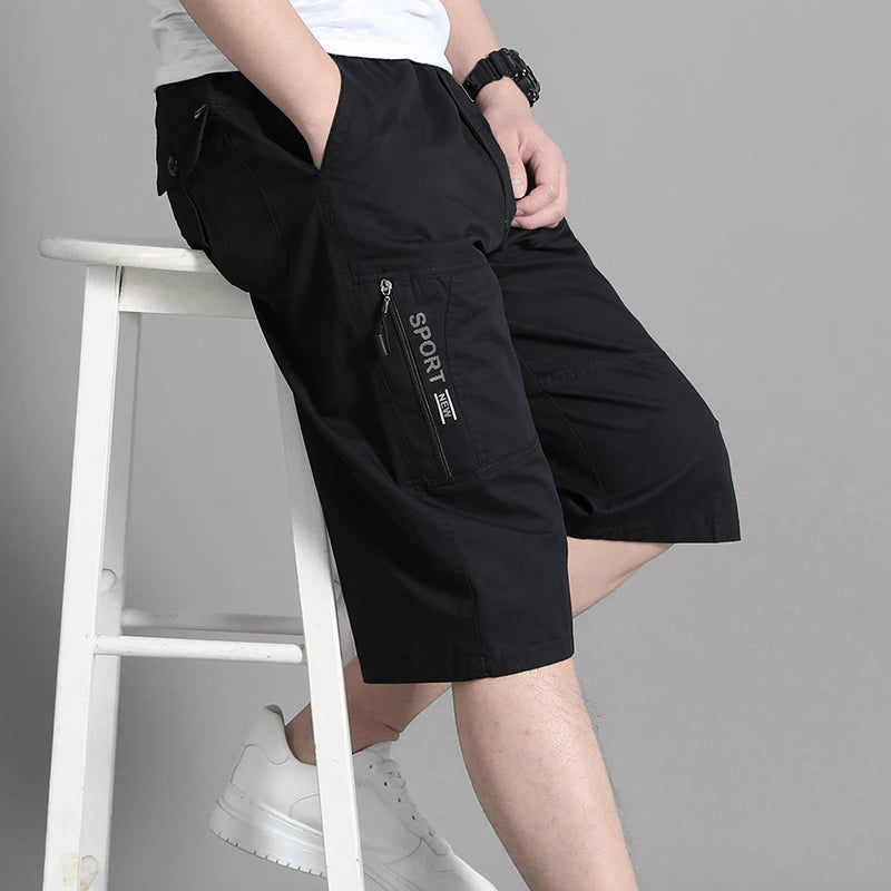 Zipper Pocket Workwear Shorts Mens Knee Cargo Pants 2026 Summer Cotton Shorts Men Climbing Jogger Elastic Waist Sports Work Wear