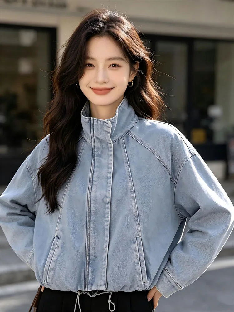 UETEEY Fashionable Versatile Loose Long Sleeve Denim Jacket Women's Cross-Border  Street Style Thickened Zipper Closure