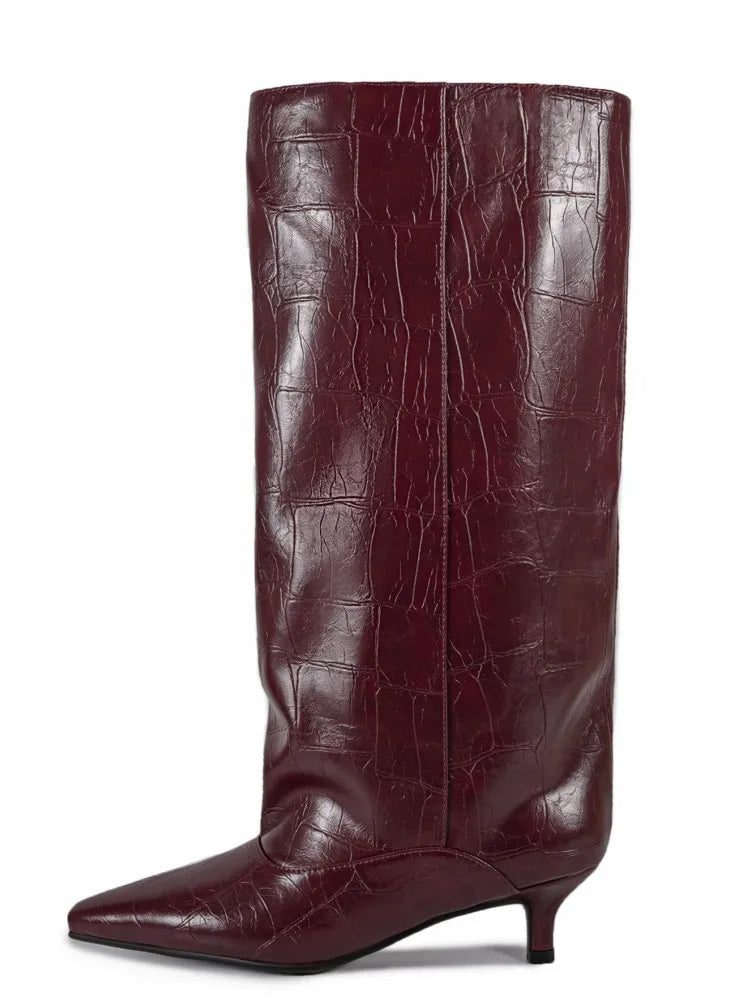 Women's Spring and Autumn New Cat Heel Wide Knee Knee Boots Fashion Pointed Women's Low Heel Mid Heeled Boots