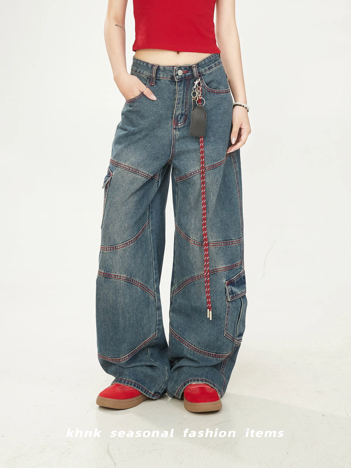 Washed Vintage American High Street Loose Women's Jeans with Patchwork And Stitching Design Casual Wide Leg Workwear Trousers